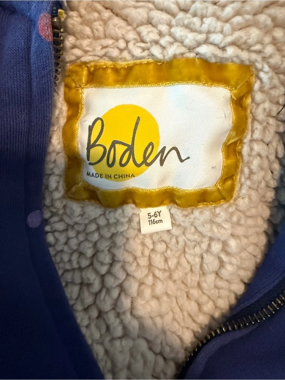 Mini Boden Sherpa Lined Hoodie Full Zip Sweatshirt Polka Dot Blue 5-6 Years
